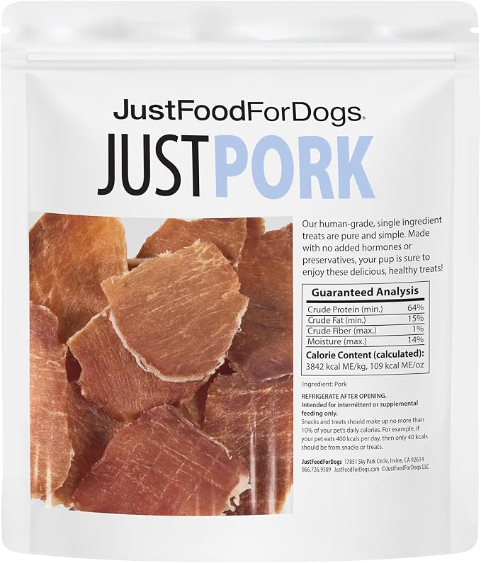 JustFoodForDogs Single Ingredient Healthy Dog Treats - Pork, 5 Oz | Human Grade Pork Treats for Dogs, Jerky Dog Snacks, Preservative & Grain Free, Rawhide Free Chews, Low Calorie Treat