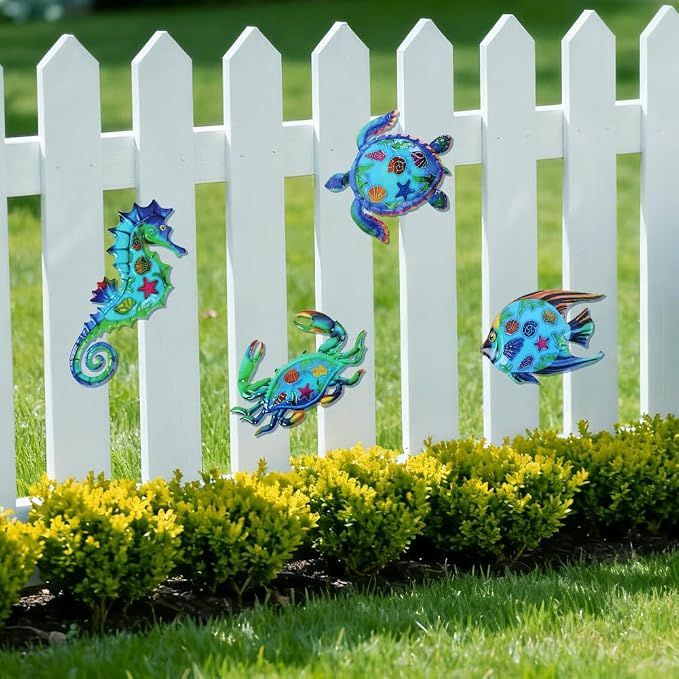 VEWOSTAR Metal Ocean Wall Art Decor Outdoor,Beach Wall Sculpture Set of 4 | Themed House Decor for Bathroom, Coastal Patio, Garden Fence, Pool Wall Art, Nautical Outdoor Decor Gift