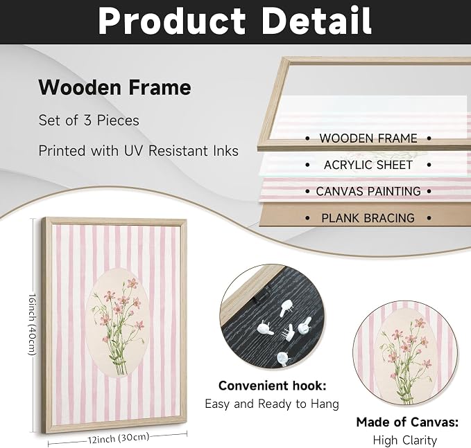 Pink Flower Wall Art Striped Floral Prints Botanical Canvas Wall Decor Aesthetic Pictures Pastel Pink Floral Poster Minimalist Flower Painting for Girl Room 12x16 Inch Framed Set of 3
