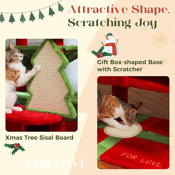 PAWZ Road Christmas Cat Tree, 72" with Big Condo, Hammock & Xmas Scratcher | Xmas red&green cat tree, 20"×16" hammock for adult cats, 7 scratch posts + pad, dual condos&perches for multi-cats