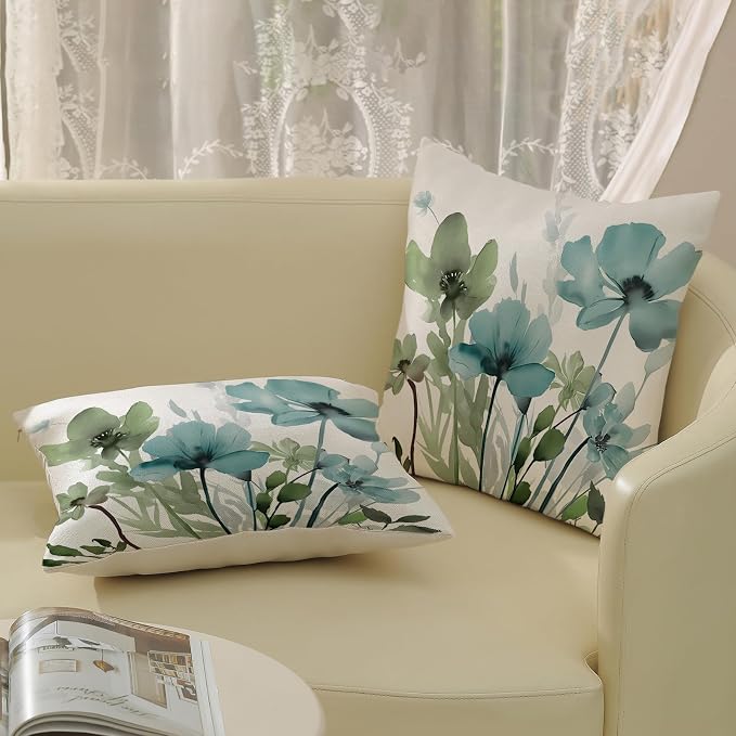 Spring Floral Pillow Covers 18x18 Inches Set of 2 Sage Green Teal Floral Throw Pillow Cover Outdoor Summer Flower Decoration Pillowcase Farmhouse Decorative Linen Cushion Cover for Couch Sofa