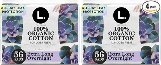 L. Extra Long Maxi Pads for Women, Overnight Absorbency, Organic Cotton Top Layer, Unscented Pads with Wings, 56 Count (Pack of 2)