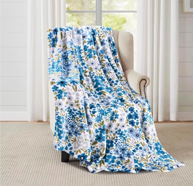 Spring Velvet Fleece Floral Throw Blanket: Garden Breeze of Grey Blue Green Flowers on a Colorful Soft Cozy White Design, Oversized 50" x 70"