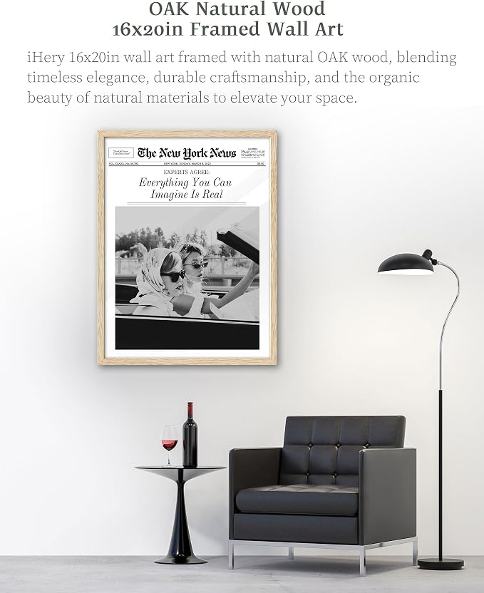 iHery 16x20in Everything You Can Imagine Is Real Framed Newspaper Art | Natural OAK Wood Frame with Canvas Print, Vintage Girls Decor for Bedroom, Living Room, Dorm and Gallery Wall, 1Pack