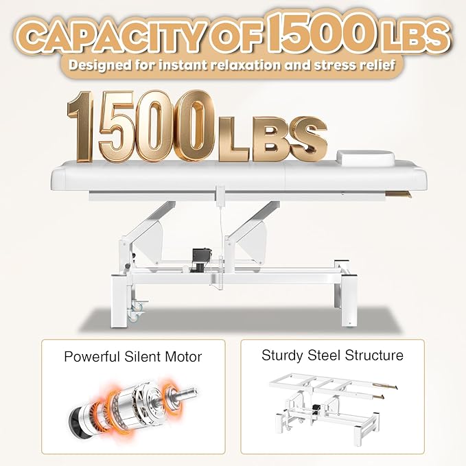 Electric Lift Massage Physical Therapy Table with Adjustable Backrest, Lockable Wheels, 4'' Think Premium Foam, 1500Lbs Capacity Professional Electric Massage Bed Commercial Home Use, White