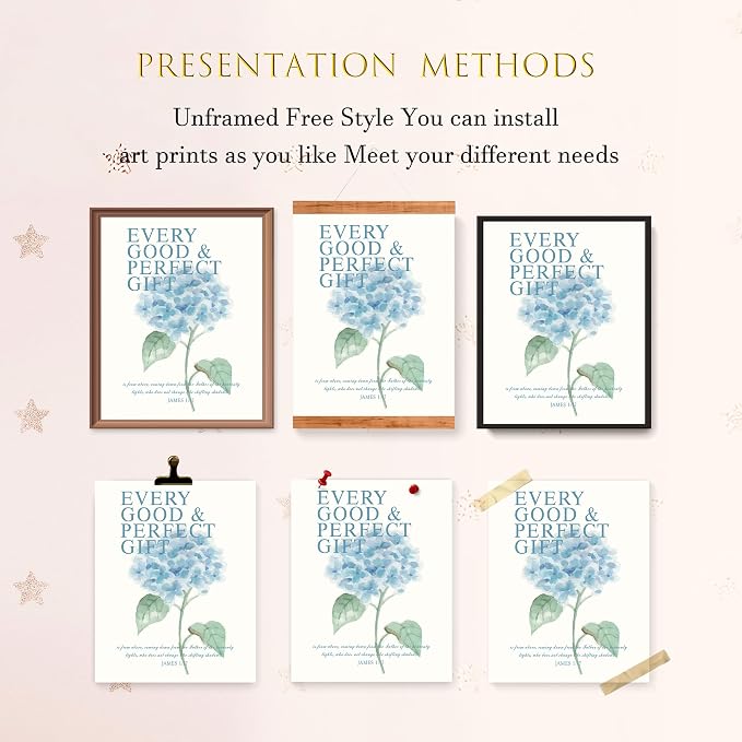 LARTSFRO Hydrangea Floral Bible Wall Art Decor Posters, Blue Floral Spring Christian Room Bathroom Bedroom Dorm Wall Art Decor Aesthetic for College Teen Girls Gifts, Inspirational Bible Verses Wall Decor, 10x8 Inch Set of 4 Pcs Hydrangea Pictures (UNF...