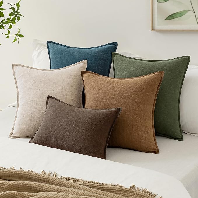 EMEMA Euro Sham Decorative Linen Throw Pillow Covers 22x22 Inch Fall Brown | Boho Farmhouse Neutral Couch Throw Pillows for Bed Pack of 2 Accent Pillowcase Modern Sofa Cushion Livingroom Home Decor