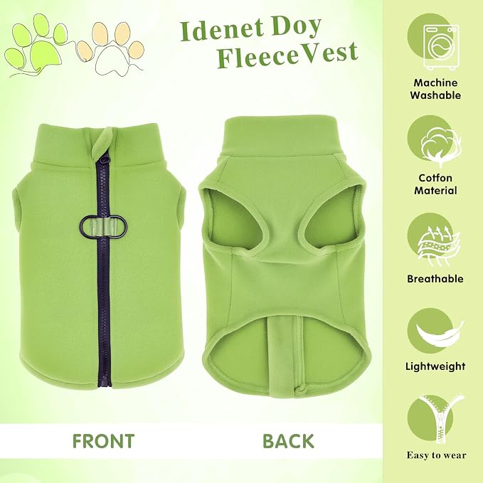 Idepet Dog Fleece Vest Sweater Zip Up Warm Pullover Dogs Jacket with D-Ring Leash Winter Cold Weater Coat Pet Sweatershirt Clothes Hoodie for Small Medium Dogs Boy Girl(Green,S)