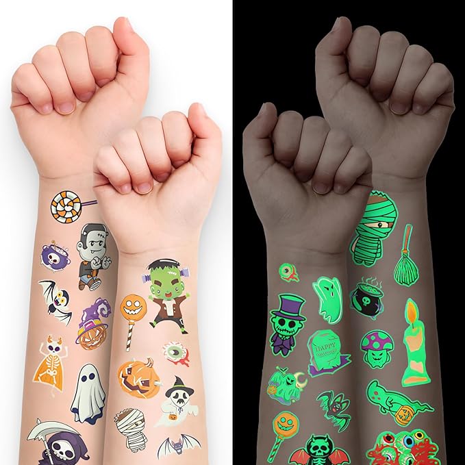 X-Protector Halloween Tattoos for Kids - Giant Pack of Temporary Tattoos - Fake Halloween Tattoos Gifts - Glow in the Dark Spooky Party Favors - Bulk Halloween Goody Bag Fillers!