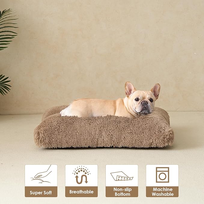 EHEYCIGA Fluffy Dog Crate Bed for Medium Dogs, Plush Crate Pad, Camel | Calming Anti Anxiety Medium Dog Bed, Washable Soft Warm Faux Fur Crate Mat with Non-Slip Bottom
