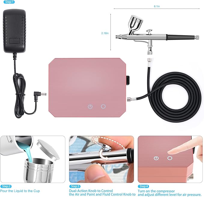 Gocheer Airbrush Kit with Air Compressor, 40 48 PSI High Pressure Air Brush Non-Clogging with 0.2/0.3/0.5mm Nozzle/Cleaning Sets, Ideal for Painting, Modeling, Cake Decor, Makeup (Pink, 40 PSI)