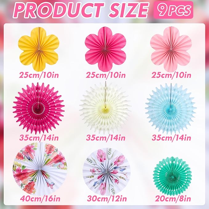SUNBEAUTY Paper Flowers Decorations for Wall Tea Party Decoration Paper Fans Classroom Decoration Paper Floral Backdrop Decor for Valentines Day Mother's Day and Wedding, Set of 9