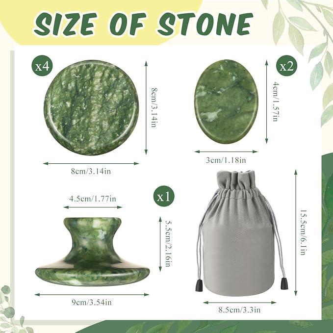 MTLEE 7 Pcs Hot Stones Massage Set Natural Green Jade Heated Warmer Stone, Round, Oval, Mushroom Shaped Hot Rocks, Body Gua Sha Massage Tool with Velvet Bag for Spa Relax, Relieve Tension (Full Body)