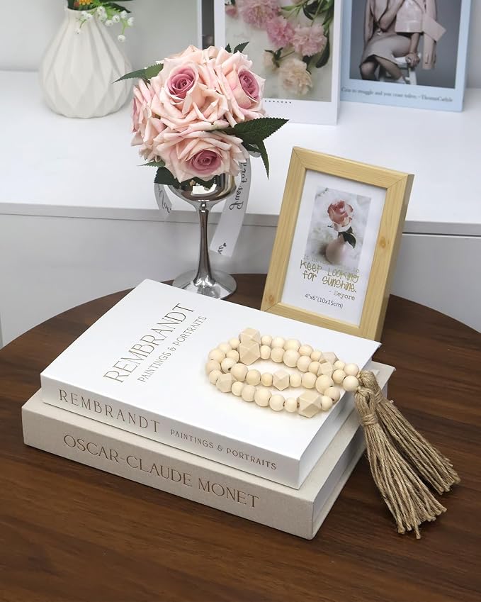 Decorative Books for Home Decor, Coffee Table Books Decor, 2 Linen Faux/Fake Books with Beads for Farmhouse Decor, Bookself, Mordern Room Decor Aesthetic