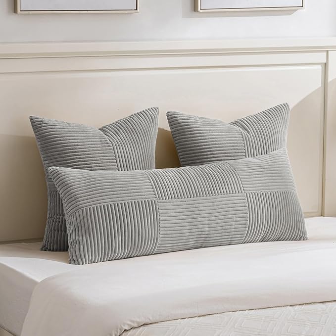 Fancy Homi Grey Big Decorative Throw Pillow Covers 24x24 Inch for Living Room Couch Bed Sofa, Rustic Farmhouse Boho Home Decor, Soft Corss Corduroy Patchwork Accent Square Gray Cushion Case 60x60 cm