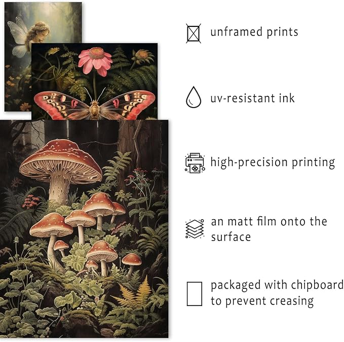 ANERZA 16 PCS Dark Cottagecore Wall Art Decor, Cottage Core Gallery Wall Prints for Bedroom, Fairycore Posters for Living Room Aesthetic, Nature Forest Mushroom Collage Kit, Whimsical Dorm Home Decor