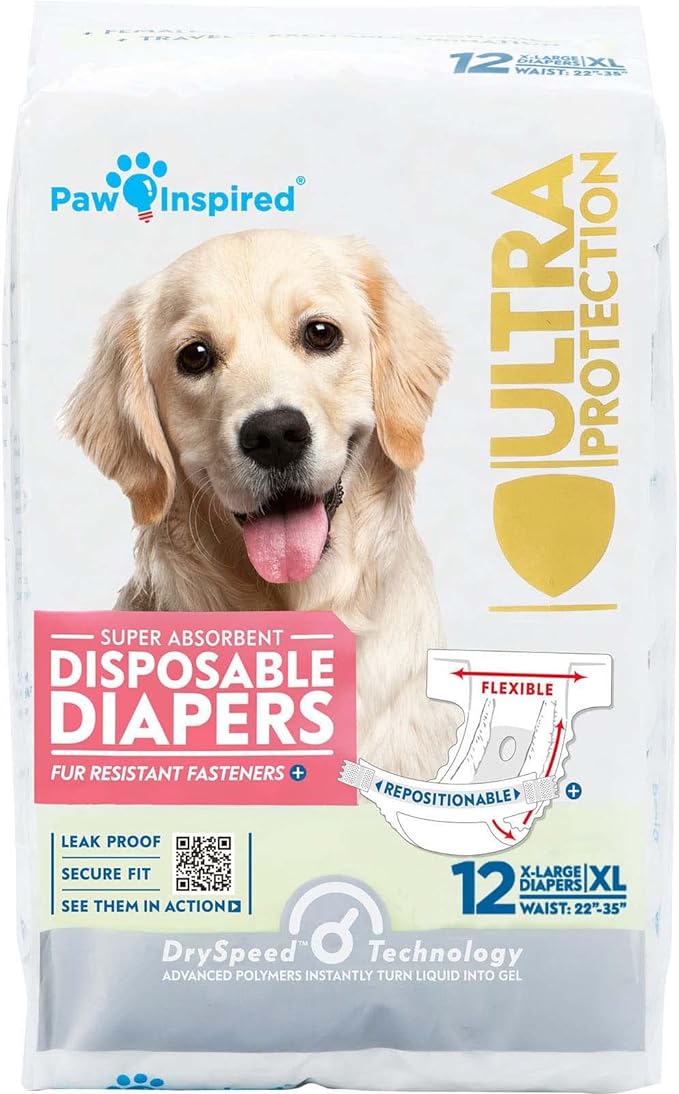 Paw Inspired Disposable Female Dog Diapers, XL Size, 12 Count | Ultra Protection, Adjustable Fasteners, Comfortable Fit, Leakproof Core, For Dogs in Heat, Excitable Urination, Incontinence