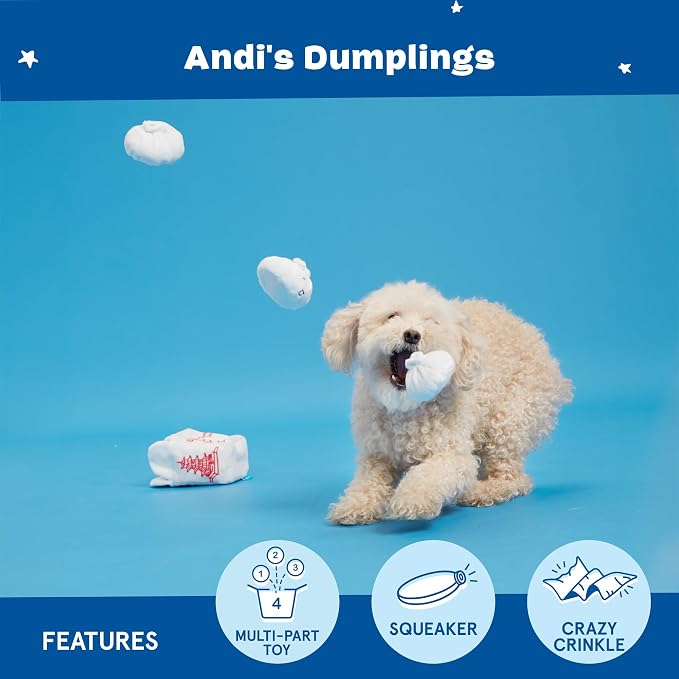BarkBox Andi's Dumplings 4-in-1 Interactive Plush Dog Toy | Squeaky Dog Chew Toy with Ball Inside and Crinkle Layers - For Small Dogs and Puppies