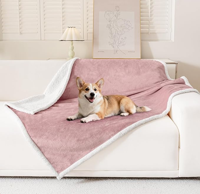 Smiry Waterproof Blanket Throw, Reversible Dog Blanket for Sofa Couch Bed | Soft Leakproof Sherpa Fleece, Washable Furniture Couch Protector for Large Dogs Cats, 40"x60", Pink/White