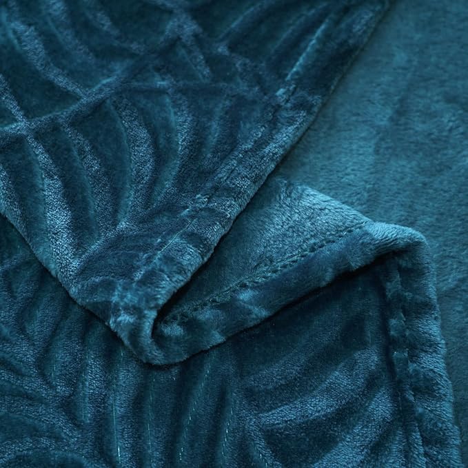 Super Soft Flannel Fleece Throw Blanket, 60 x 80 Inches, Blue Coral | Lightweight Cozy Warm Leaves Textured Plush Blanket for Bed Couch Sofa