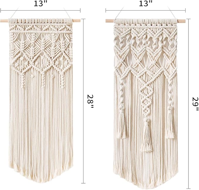 Mkono 2 Pcs Macrame Wall Hanging, Boho Woven Chic Tapestry Decor, Ivory | 28"L x 13"W, Bohemian Wall Decor, Hand-Woven Craft, Multi-Scene, Bedroom Nursery Living Room Apartment, Girls Adults Gift