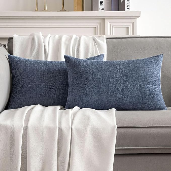 MIULEE Pack of 2 Blue Decorative Pillow Covers 12x20 Inch | Soft Chenille Couch Throw Pillows Farmhouse Cushion Covers for Home Decor Sofa Bedroom Living Room