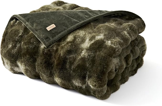 Faux Rabbit Fur Bubble Throw Blanket, 50"x60", Marble Olive | Ultra Soft, Luxury Faux Rabbit Fur Throw, Thick Warm Bubble Blanket, Cozy Fluffy Reversible, for Bed, Couch, Chair, Sofa