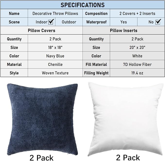 18" x 18" Decorative Throw Pillow with Inserts, Set of 2 Soft Modern Farmhouse Weave Pattern Throw Pillows, Square Boho Pillow for Couch, Bed, Sofa Decor (Navy Blue, 18" x 18"(Pack of 2))
