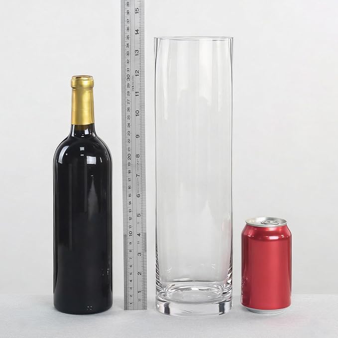 CYS Excel Clear Glass Cylinder Flower Vase, 14" Height x 4" Diameter, Elegant Hand-Blown Glass Wedding Floral Centerpiece Versatile Hurricane Candle Holder