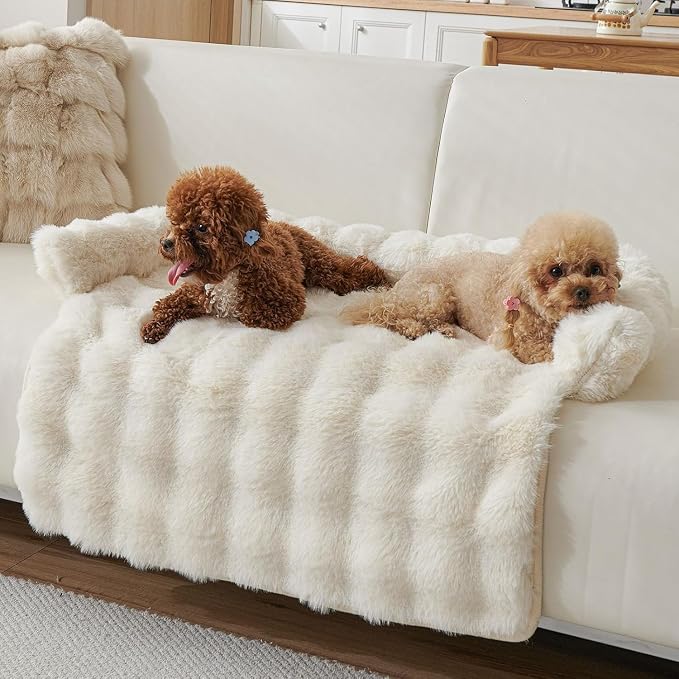 Calming Dog Bed for Couch, 29.5 x 29.5 inch, Non-Slip Rabbit-Velvet Dog Sofa Mat for Furniture Protector, Perfect for Small, Medium Dogs and Cats (Off-White, Medium)