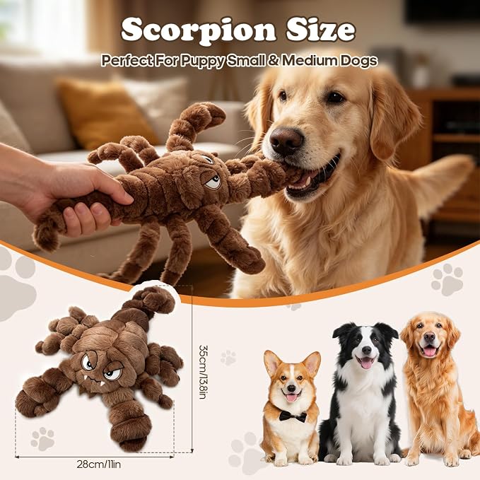 Furdog Squeaky Plush Dog Toy Interactive Chew Toys for Small Medium Dogs, Tough Crinkle Stuffed Animal Toys to Keep Them Busy, Brown Scorpion