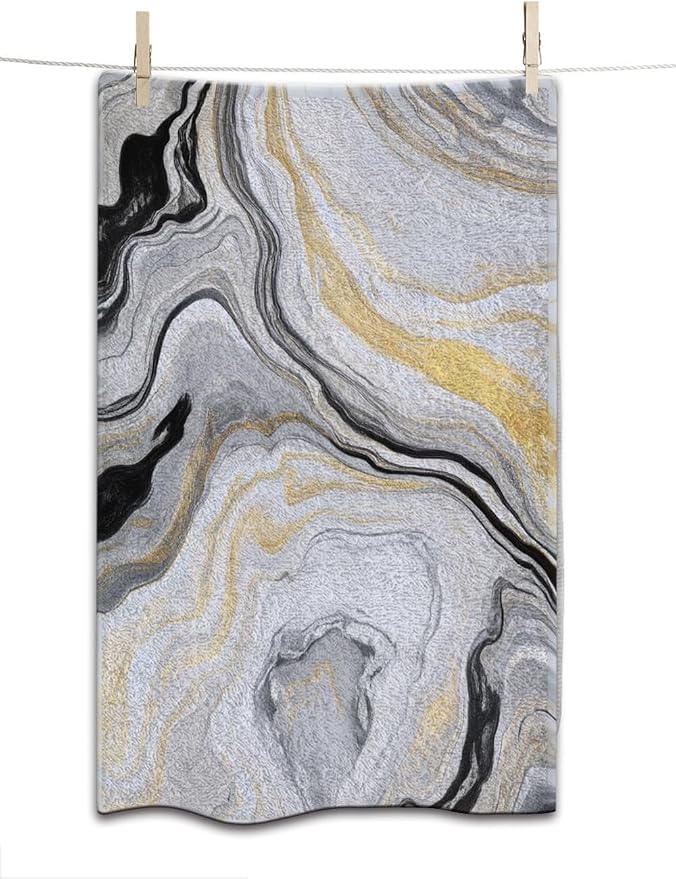 Abstract Marbling Water Hand Towel Grey Gold Face Towels Suit Travel Sports Pool Swimming Bath Camping Spa Gym Yoga,15x30 Inch