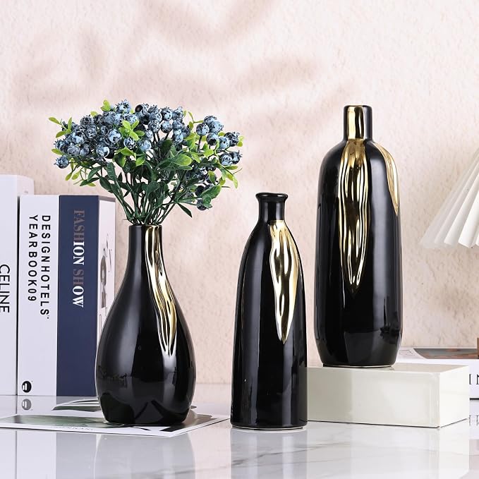 Black and Gold Vase Set of 3, Modern Ceramic Decorative Vases for Living Room, Bedroom, Art Decor, Mantle, Home Event Decor, Office Decorative, Weddings, Rustic & Farmhouse (Black Gold)