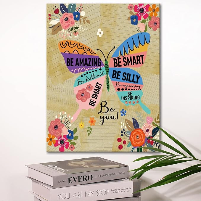 Colorful Butterfly Inspirational Quotes Motto Framed Canvas Wall Art Gifts for Women Girls Friends Sister,Motivational Canvas Prints Framed Wall Art for Home bedroom Living Room Wall Decor