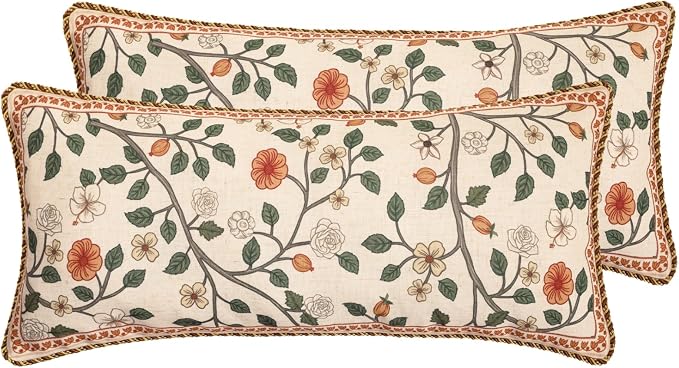 Designer Elegant Linen Throw Pillow Cover,Set of 2,28"x12"-Flora A | French Rectangle Decor Pillow Cover,Concealed Zipper Design,Floral Pattern,Sofa,Bedroom,Living Room,Lounge Chairs