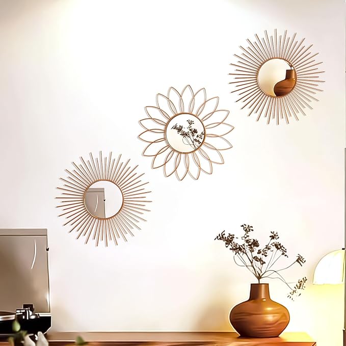 3 Pack Metal Mirrors for Wall Sunburst Wall Mirrors Home Décor Decorative Hanging Wall Art for Living Room Bedroom Entryway (Rose Gold2, Flower+Sunburst)