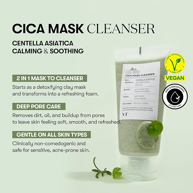 VT COSMETICS CICA Mask Cleanser, 2-in-1 Facial Wash, Non-Drying Clay Mask, Gentle Pore Care, Exfoliating, Hydrating, Centella Asiatica for Acne-Prone & Sensitive Skin, Korean Skincare (4.05 fl. oz)