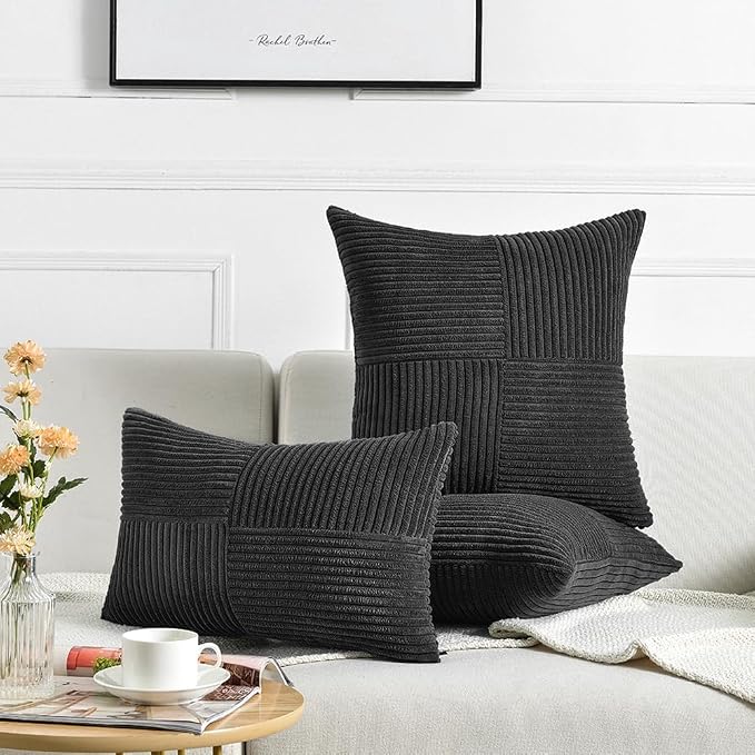 Fancy Homi Black Big Decorative Throw Pillow Covers 24x24 Inch for Living Room Couch Bed Sofa, Rustic Farmhouse Boho Home Decor, Soft Corss Corduroy Patchwork Accent Square Cushion Case 60x60 cm