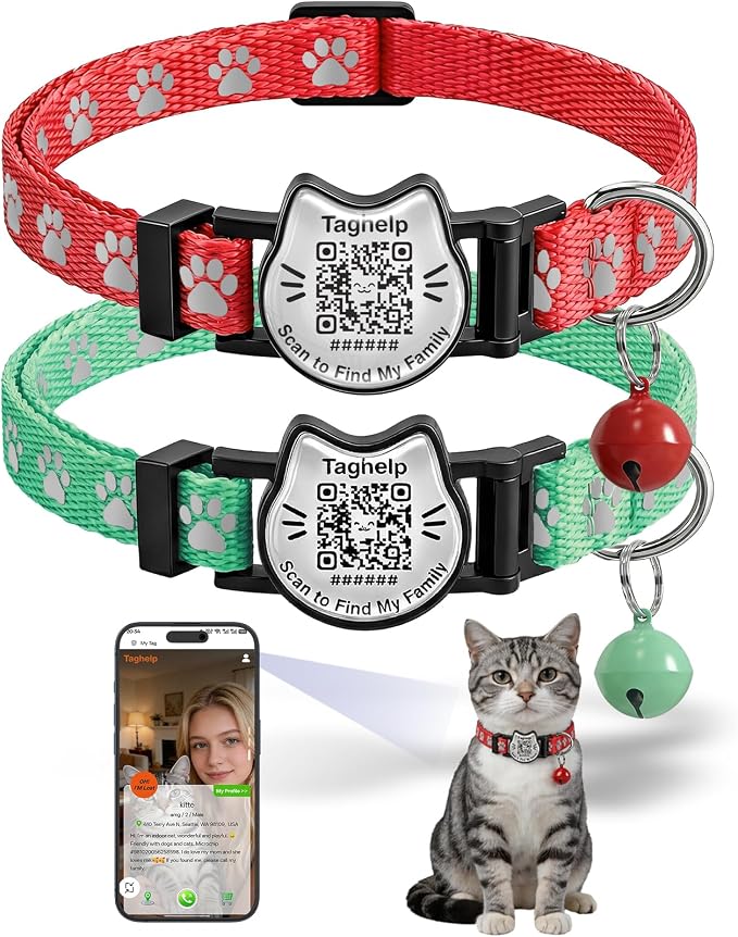 Breakaway Cat Collar with QR Code Tag and Bell (Red & Green) | Reflective Nylon, Quick-Release Buckle