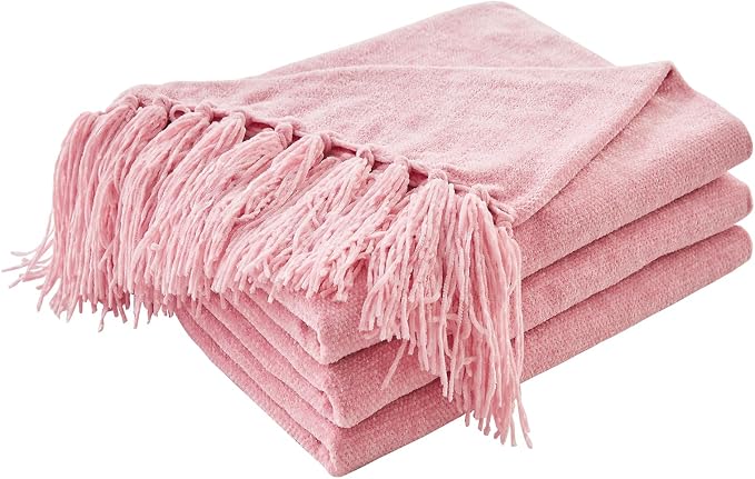 CozeCube Chenille Throw Blanket, Pink Fringe Blanket, 50"X60" | For Couch, Cozy Plush Fuzzy Decorative Blanket with Fringe Tassels, Lightweight Throws for Bed Sofa Gift Home Decor
