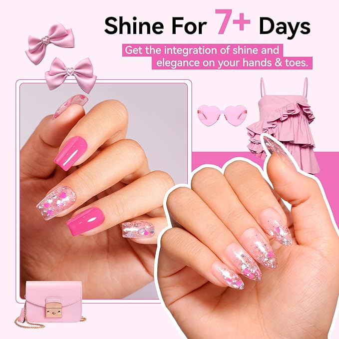 Nail Polish Hot Pink Hearts Confetti Regular Nail Polish, Quick Air Dry, Non-gel, Rich in Castor Oil, Vegan Cruelty-free Sparkle Nail Art DIY Home Travel Manicure Gift for Women Girls
