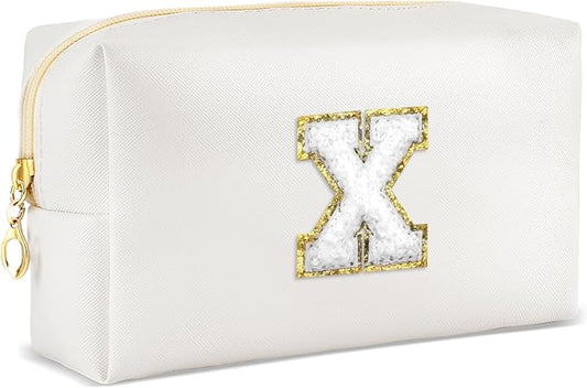 URSKYTOUS Gifts for Girls Initial Makeup Bag Personalized Cosmetic Bag with Zipper Cute Travel Toiletry Bags Waterproof PU Preppy Makeup Pouch Birthday Gift for Teen Girls Women(White X)