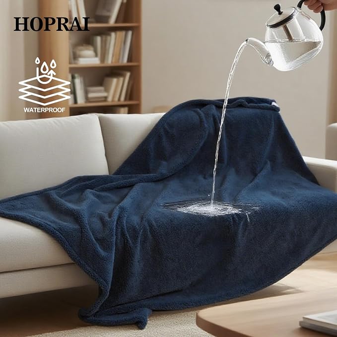 Dog Blanket, Waterproof Reversible Sherpa Fleece Throw Blanket, Furniture Cover for Bed, Couch, Sofa Protection from Liquid Pee and Pet Fur of Puppy, Cat (Navy Blue XS20*27inches)
