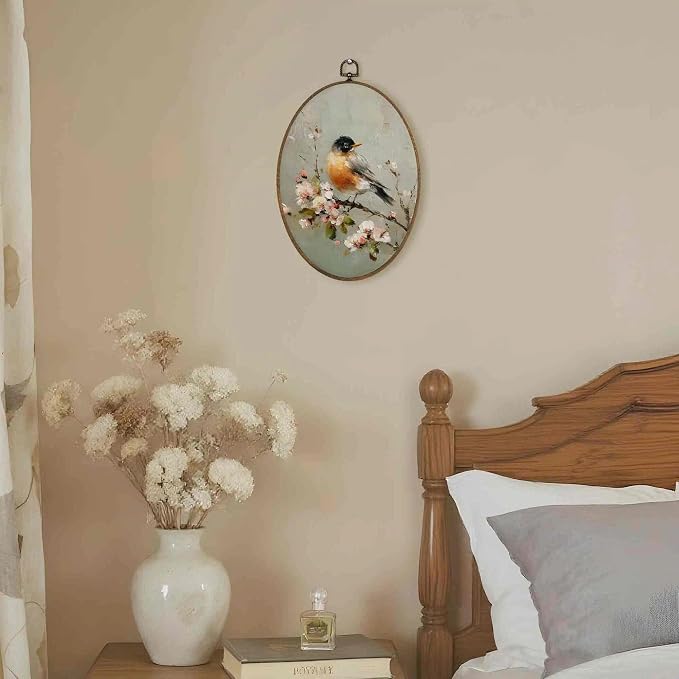 LKETW Vintage Bird Floral Oval Wall Art Decor, Rustic Farmhouse Oval Canvas Hanging Decor, Cottagecore Botanical Bird Flower Wall Decorations for Home Bedroom Living Room, 8.6x11.4 Inch