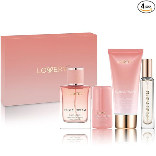 Gift for Women, Floral Dream 4 in 1 Womens Perfume & Deodorant Set - 4pc Pink Eau de Parfum Fragrance Sets - Perfumes for Women Gift Set with Non Toxic Antiperspirant Stick, Body Lotion & Mini Perfume