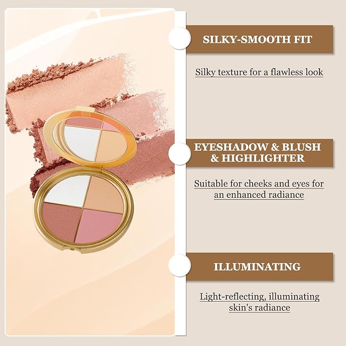 Eye & Cheek Palette - Eyeshadow and Highlighter Makeup, Face Highlighter Palette for Women, Multitasking Blush, Highlighting Eye & Cheek Palette, 4-In-1Makeup Palettes Kit, Natural Glow Contour Powder