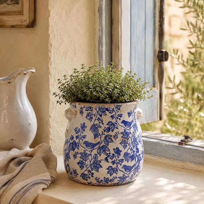 English Country Ceramic Planter, 6.7" Chinoiserie Vase & Utensil Holder | Vintage Crock Flower Pot with Drainage for Indoor & Outdoor Use, Rustic Farmhouse Kitchen & Garden Decor Gift (Blue Bird)