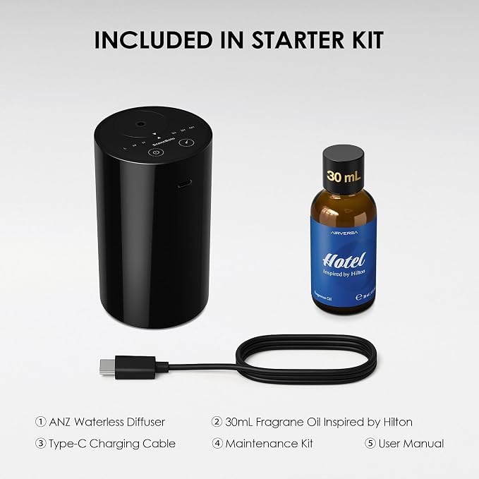 ANZ Waterless Essential Oil Diffuser Starter Kit, Black | 30 mL HTL Hotel Scent Fragrance Oil, Battery Operated, Up to 600 sq ft, Portable for Home Car Office, ANZKit-30-D