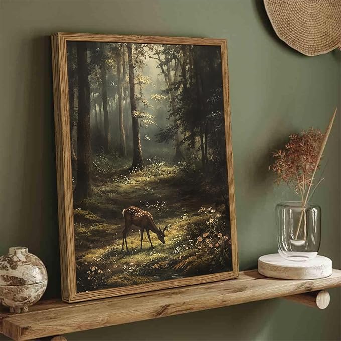 Framed Vintage Forest Deer Canvas Wall Art, Rustic Nature Landscape Paintings Wall Decor, Woodland Animal Pictures Prints Cottagecore Home Decor for Living Room Bedroom Office 12x16 inch