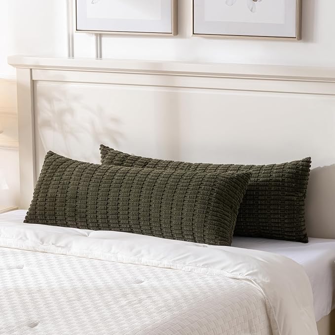 Fancy Homi Decorative Throw Pillow Covers for Bed Couch Bedroom Bench, Soft Corduroy Solid Pillow Case, Rustic Farmhouse Boho Room Decor,54" x 20" (Pack of 1),Olive Green